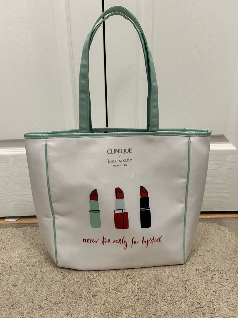 Clinique x Kate Spade White and Mint Lipstick Shopping Shoulder Tote Bag